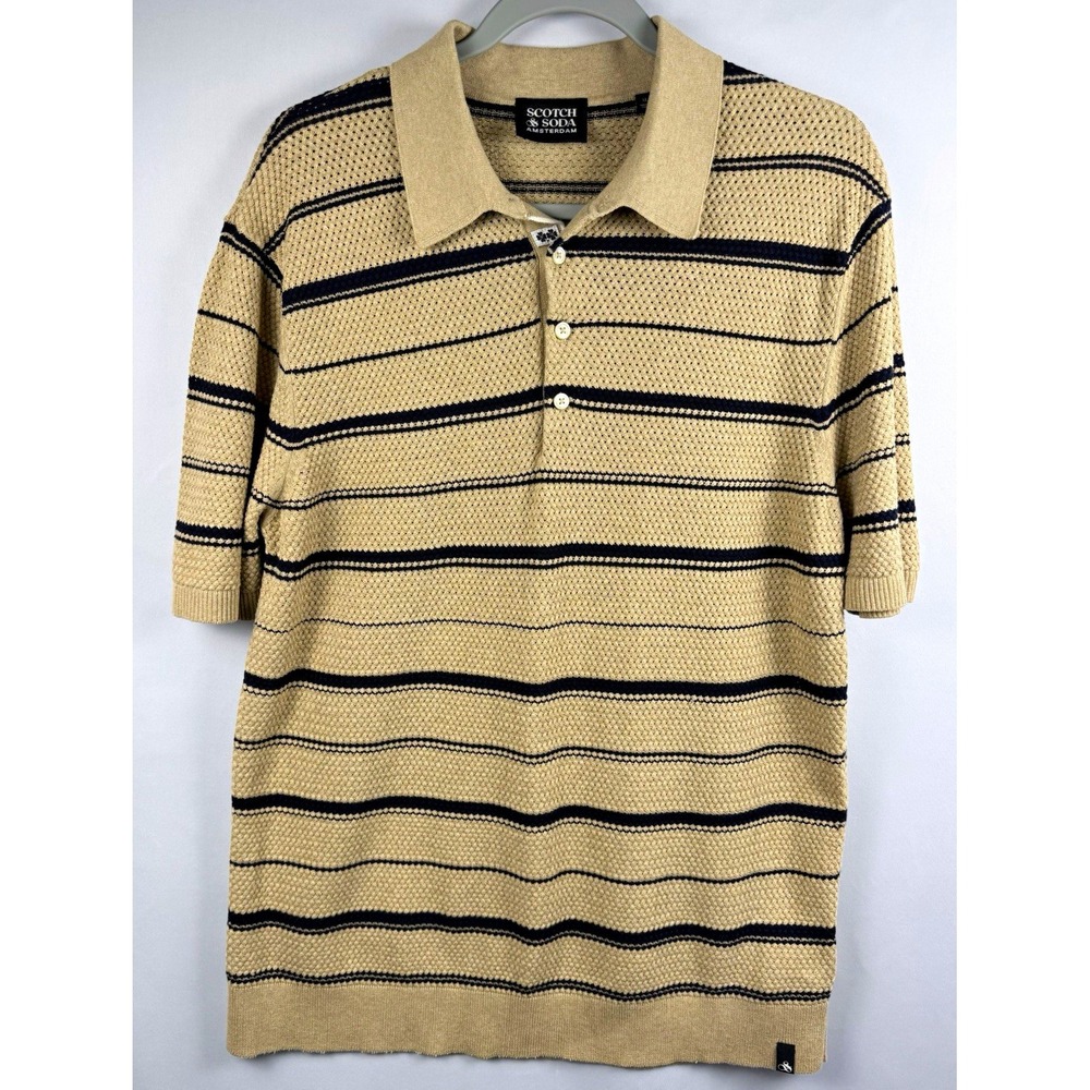 Scotch & Soda Amsterdam Men's XL Knit Polo Tan Navy Stripe Retro Resort Shirt